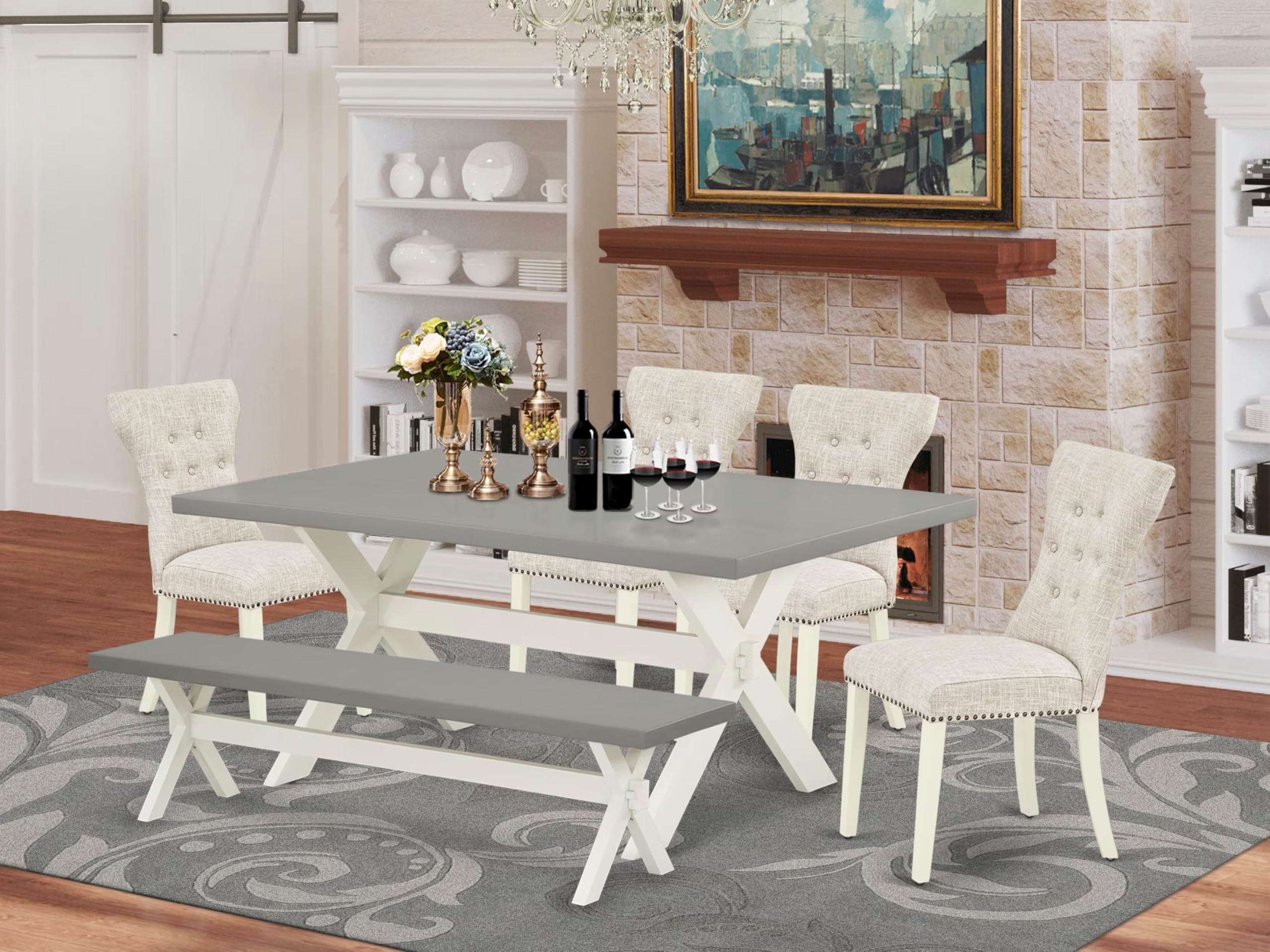 East West Furniture X097Ga235-6 6 Piece Dining Room Table Set Contains A Rectangle Kitchen Table With X-Legs And 4 Doeskin Linen Fabric Parson Chairs With A Bench, 40X72 Inch, Multi-Color